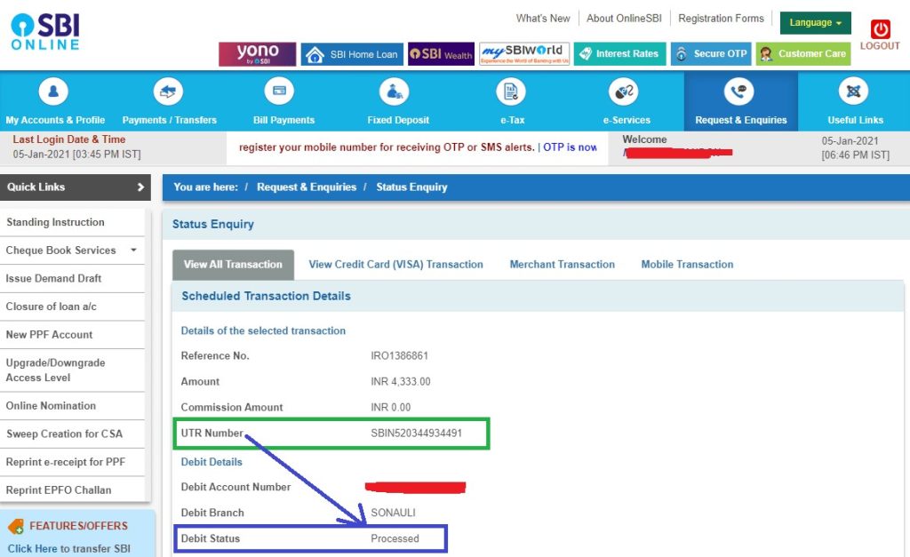 How to track SBI UTR Number status online?